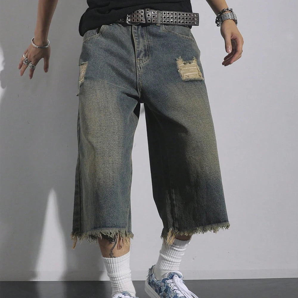 Distressed Washed Denim Shorts – Vintage Streetwear Style