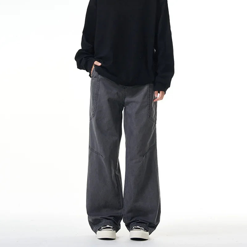 Dark Gray Wide-Leg Jeans – Minimal Utility Streetwear Style