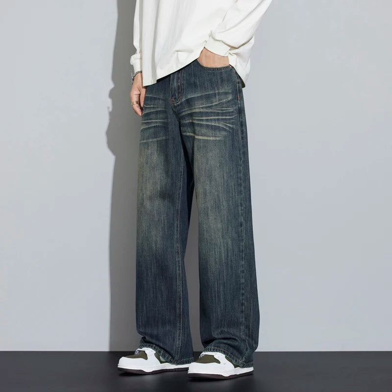 Dark Vintage Wash Wide-Leg Jeans – Retro Casual Street Fit